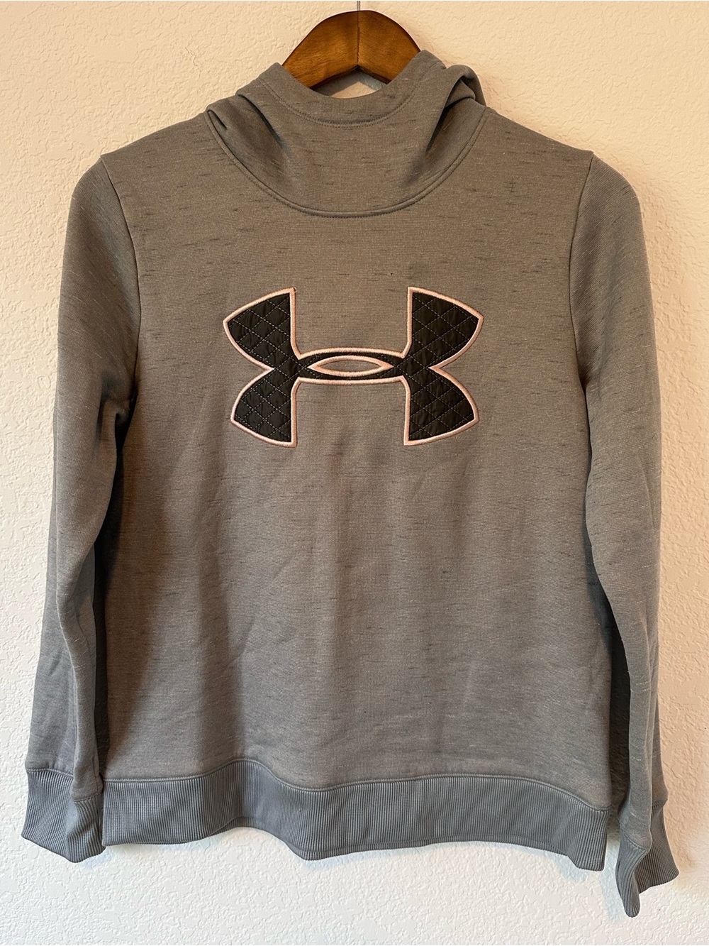 Under Armour Gray Hoodie with Quilted Black Logo and Pink Outline